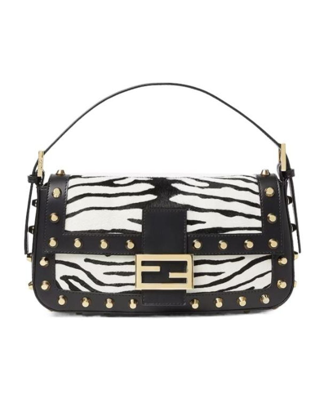 Fendi White Baguette 26424 Tiger-Stripe Print Pony-Effect Leather Bag With Studs