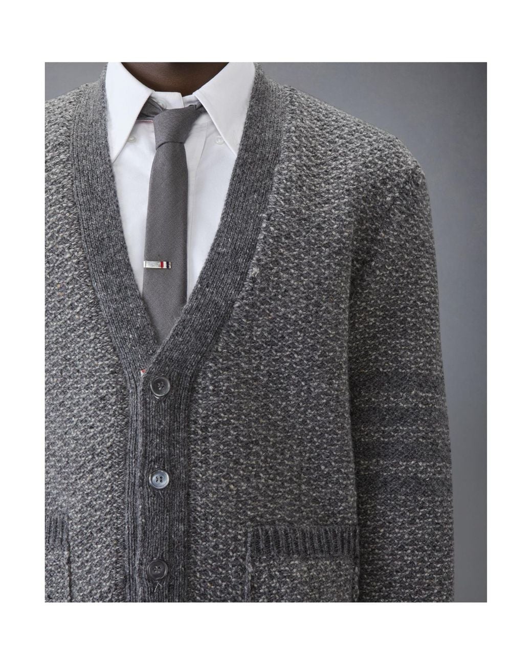 Thom Browne Gray V-Neck Chunky-Knit Cardigan for men