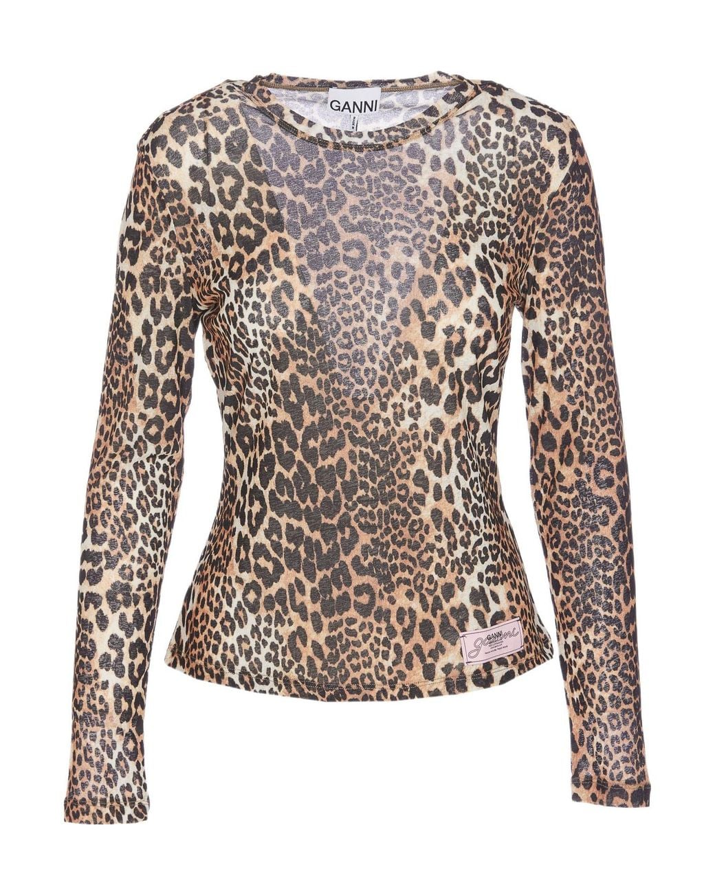 Ganni Brown Leopard Printed Mesh Long-Sleeved Top