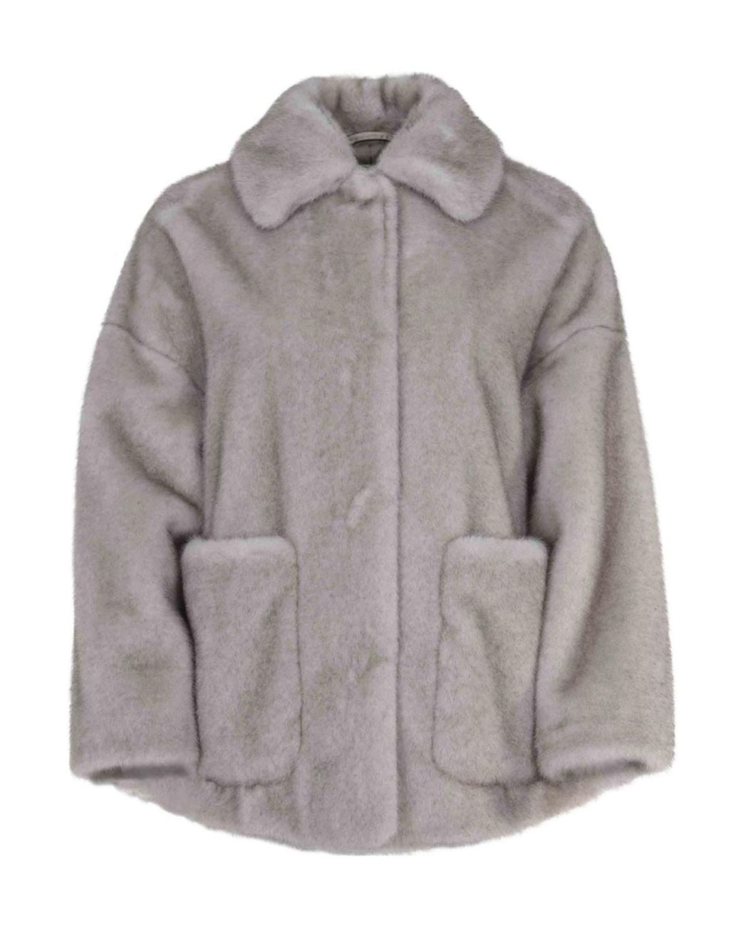 Herno Gray Boxy Faux Fur Coat