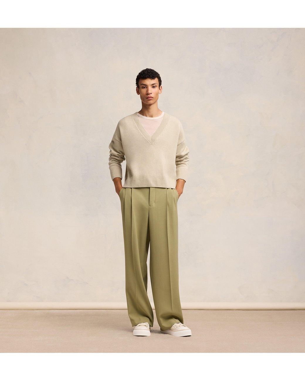 AMI Natural Cropped Wool-Cashmere Blend Jumper for men