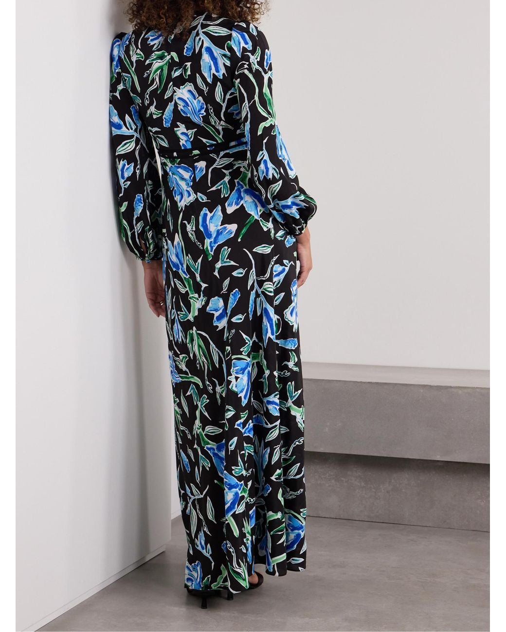 Diane von Furstenberg Blue Seline Floral-Print Crepe De Chine Maxi Dress
