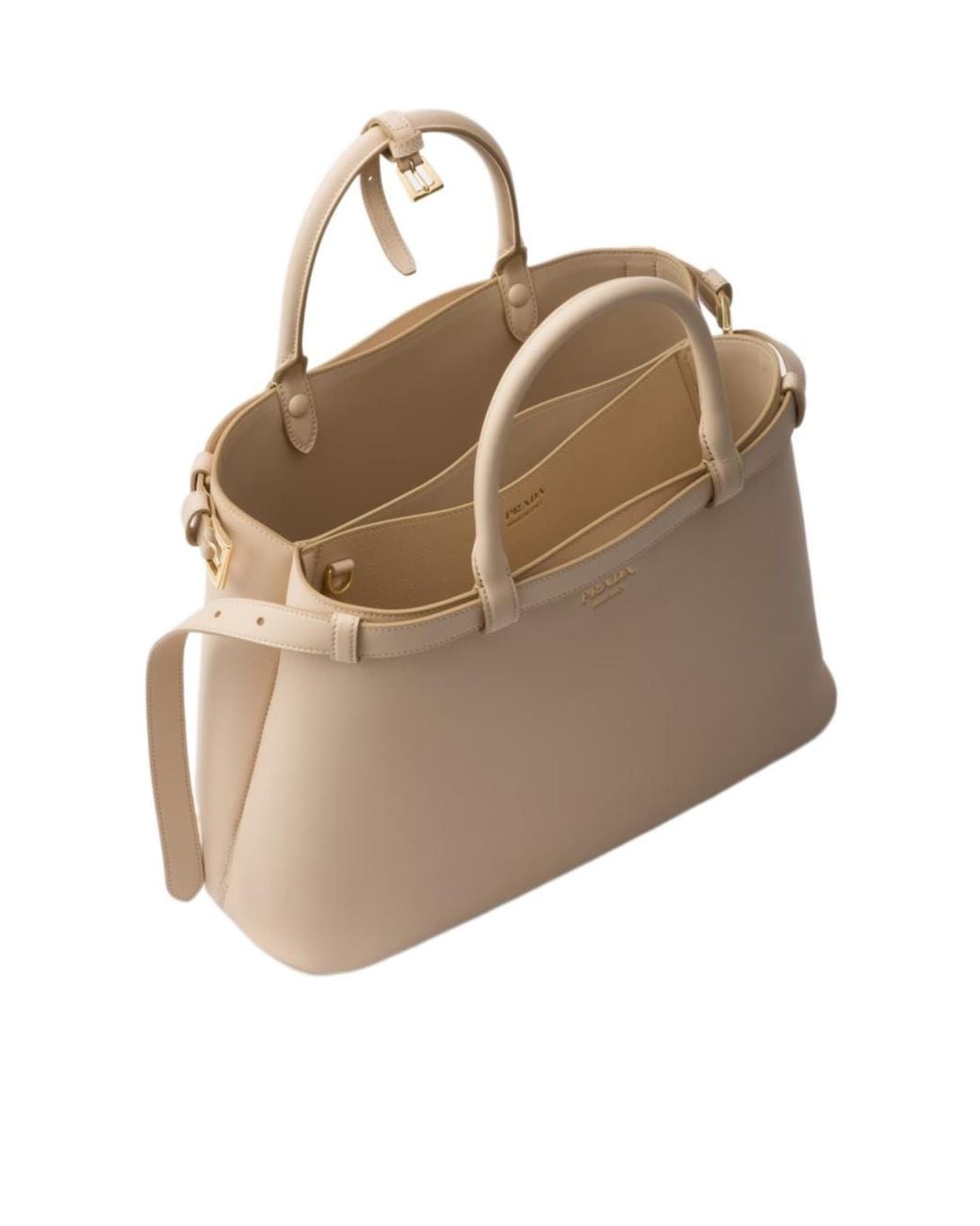 Prada Natural Buckle Medium Leather Handbag With Double Belt