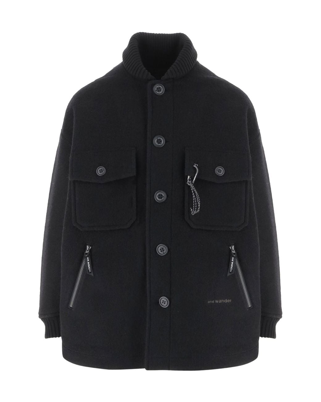 And Wander Black Ribbed-Knit-Collar Button-Up Coat for men