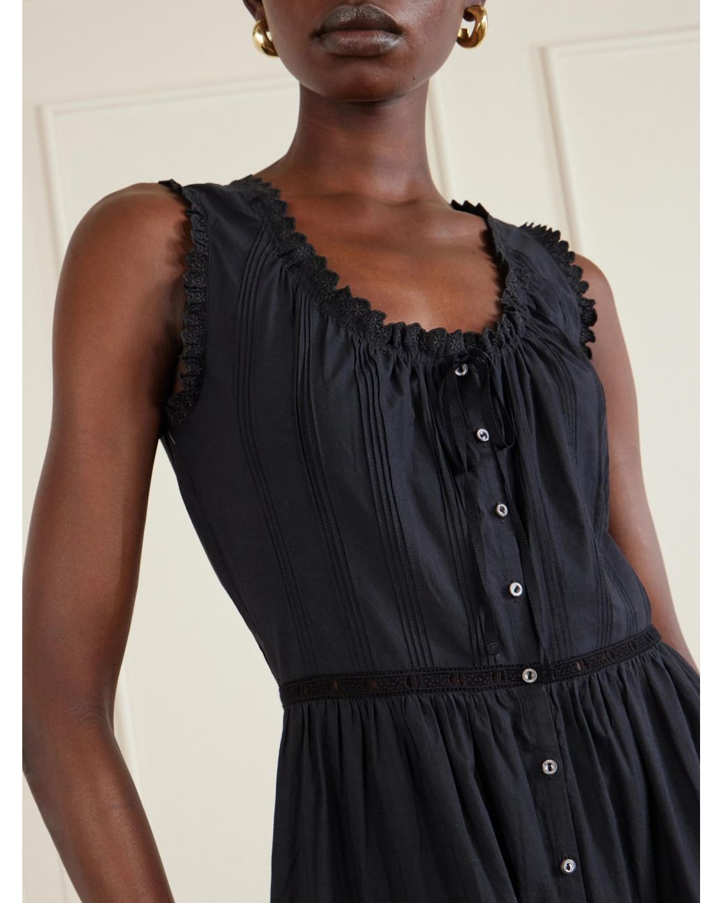 Doen Black Pintucked Embroidered Organic Cotton Midi Dress