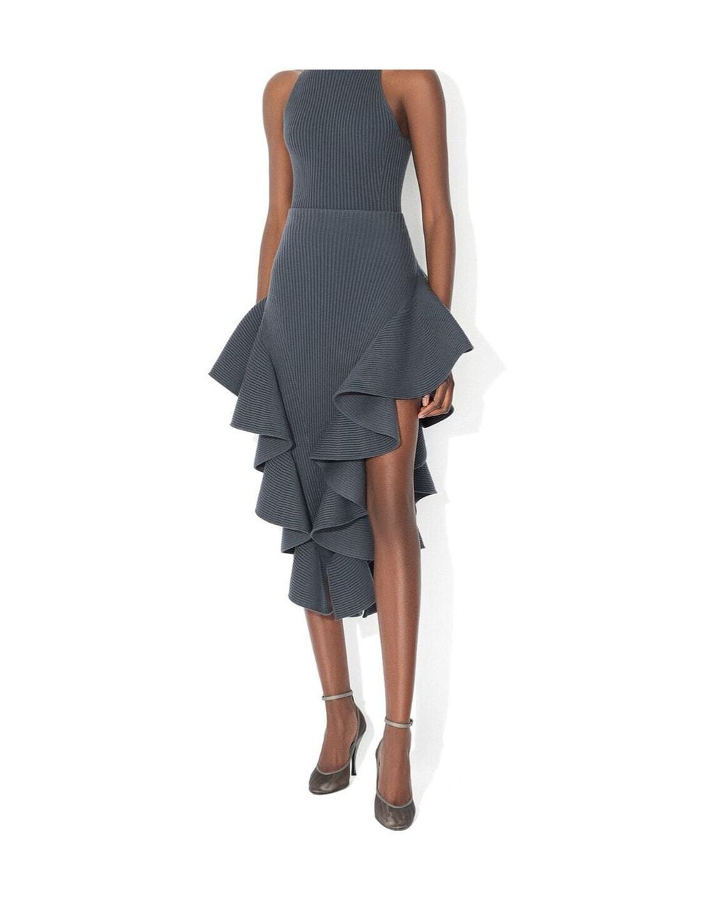 Alaïa Gray Ribbed Ruffle Skirt