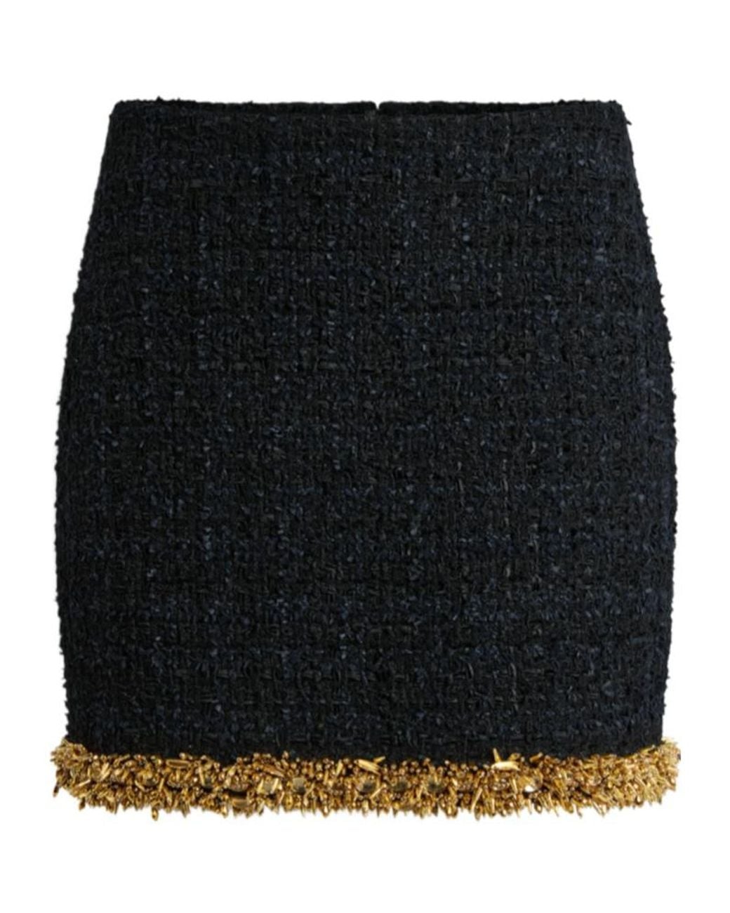 Balmain Black Tweed Beaded-Hem Mini Skirt