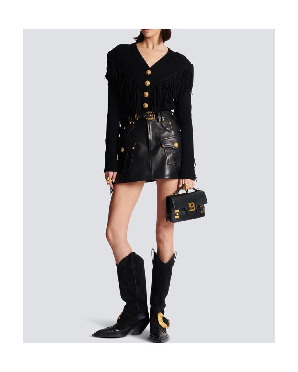 Balmain Black Western Leather A-Line Skirt