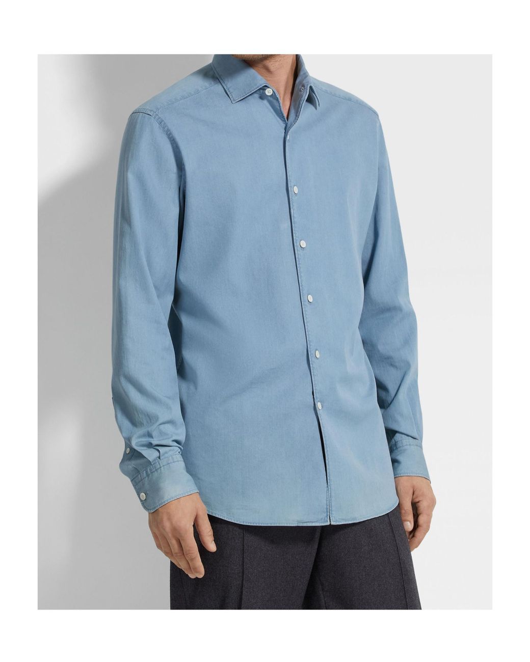 Zegna Blue Cotton Long-Sleeve Shirt for men