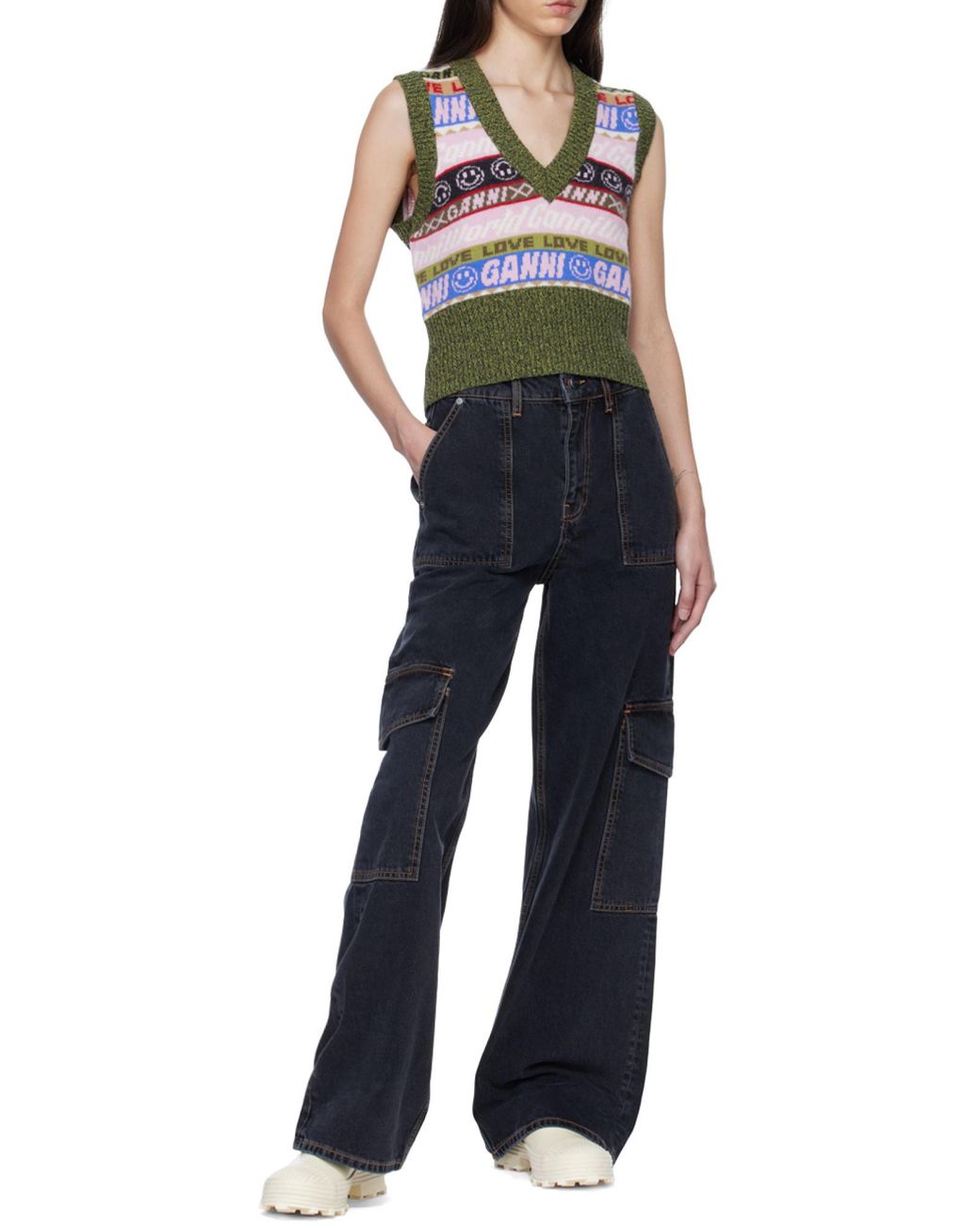 Ganni Gray Graphic V-Neck Vest