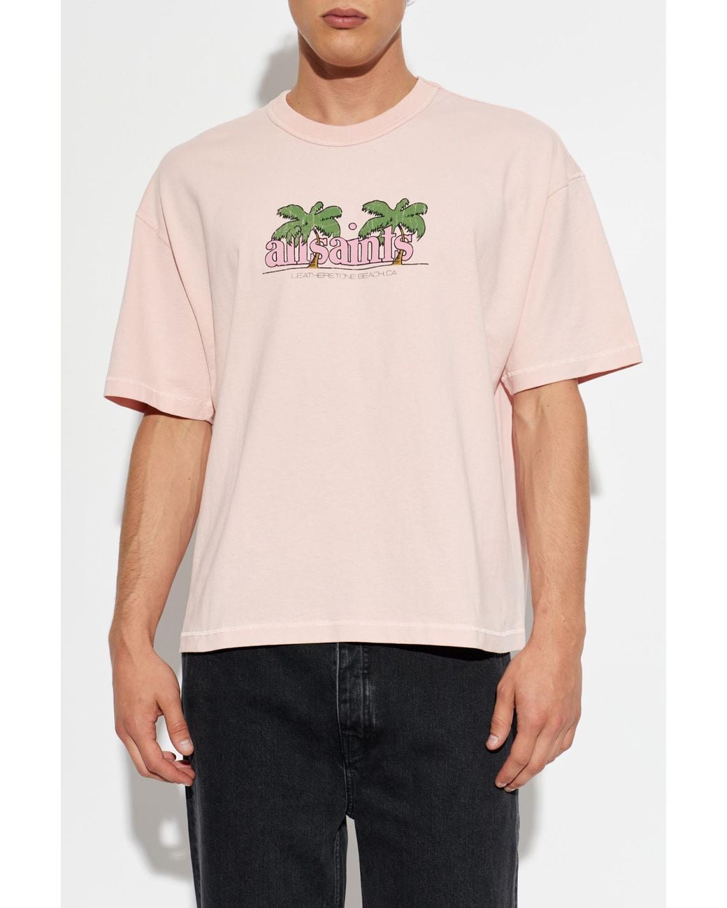 AllSaints Pink Logo Printed Crewneck T-Shirt for men