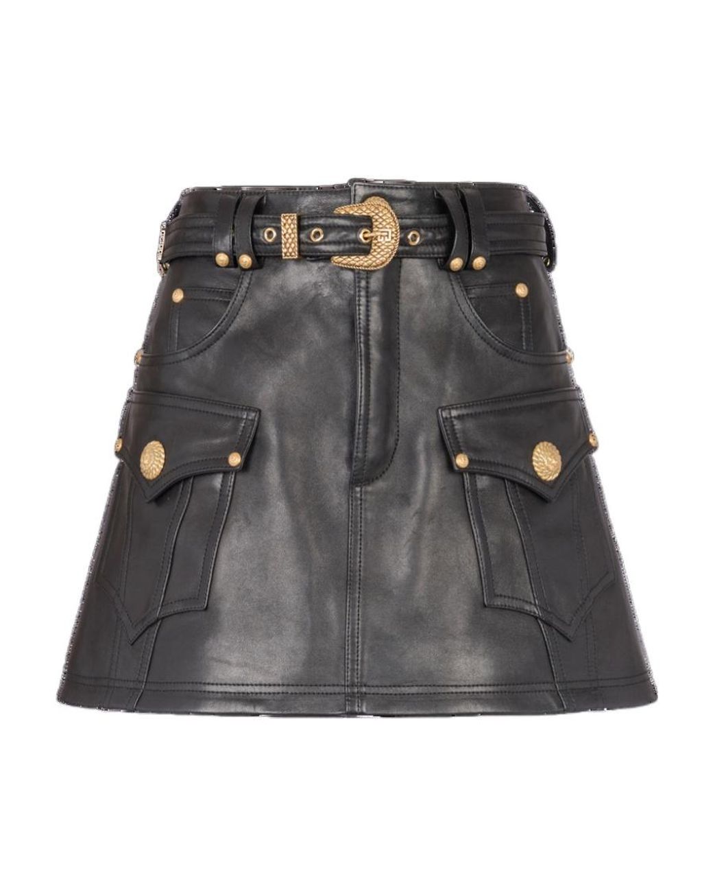 Balmain Black Western Leather A-Line Skirt