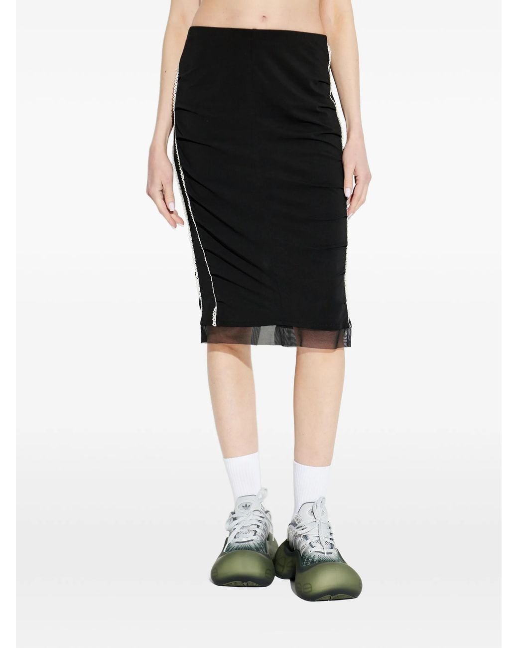 AVAVAV Black Ruched Lace-Trim Midi Skirt