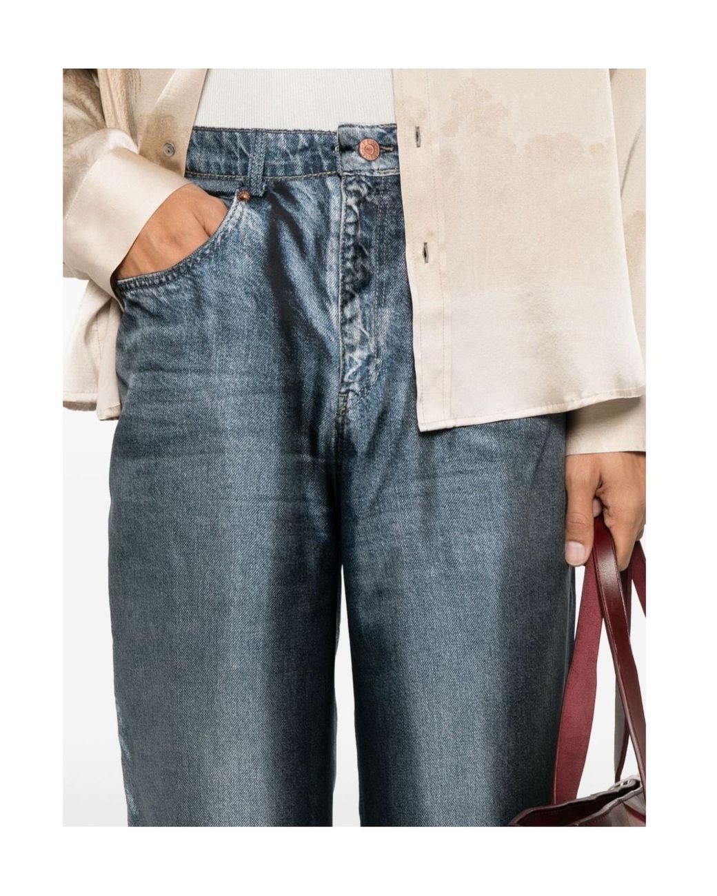 Pierre Louis Mascia Blue Aloe Denim-Print Silk Trousers