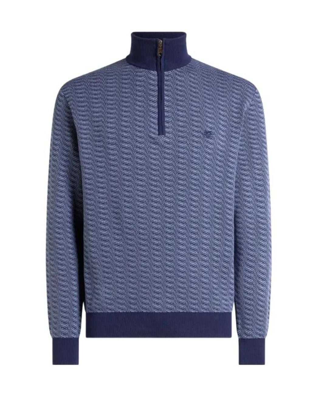 Etro Blue Cotton Jacquard Sweater With Zip And Pegaso Embroidery for men