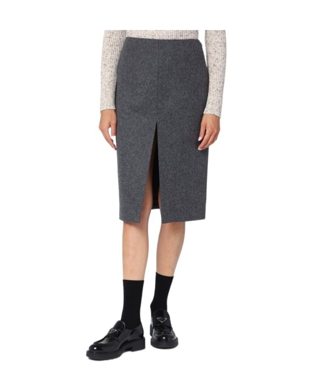 Prada Gray Slit-Detailed Midi Skirt