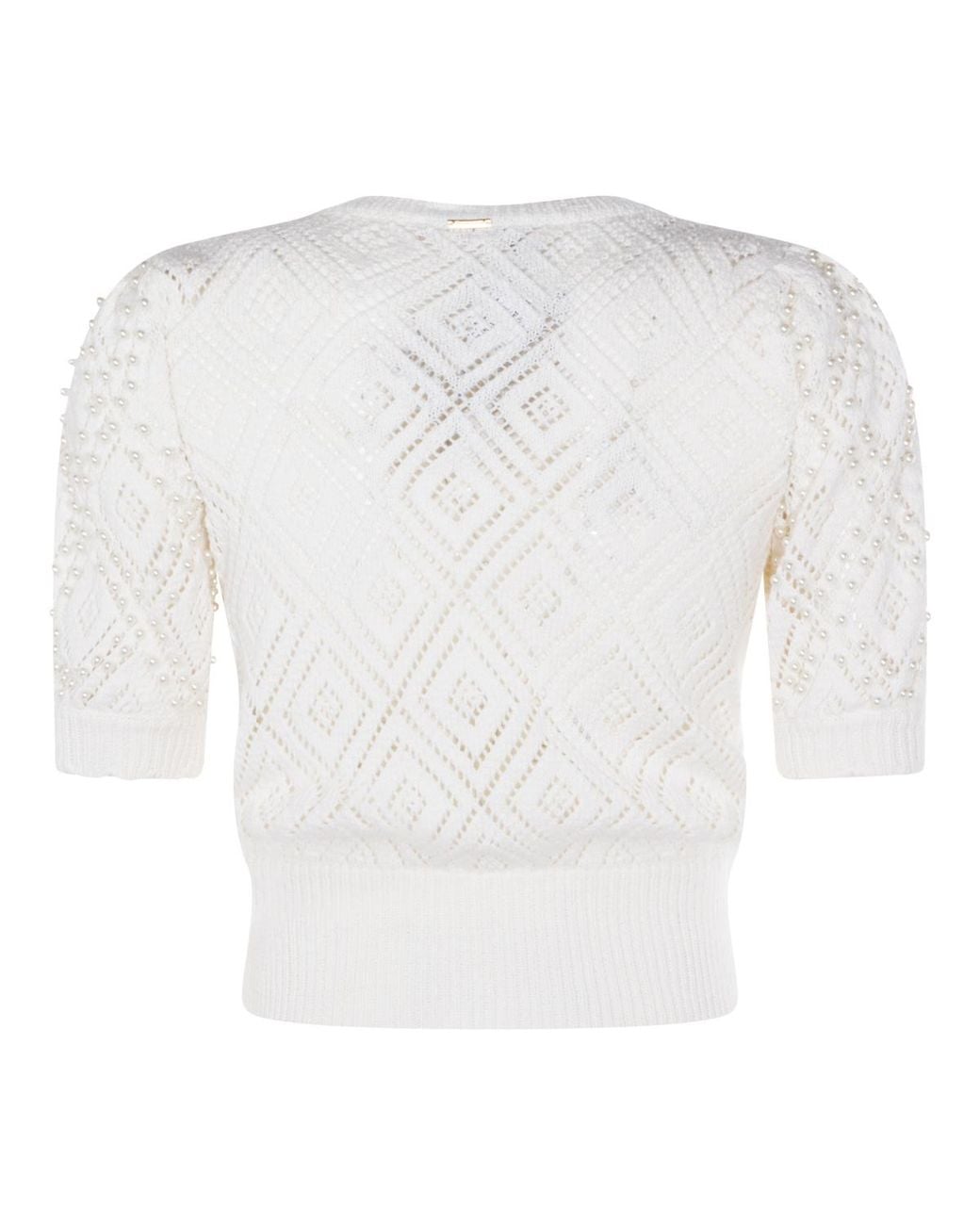 Twinset White Embellished Short-Sleeved Knitted Sweater