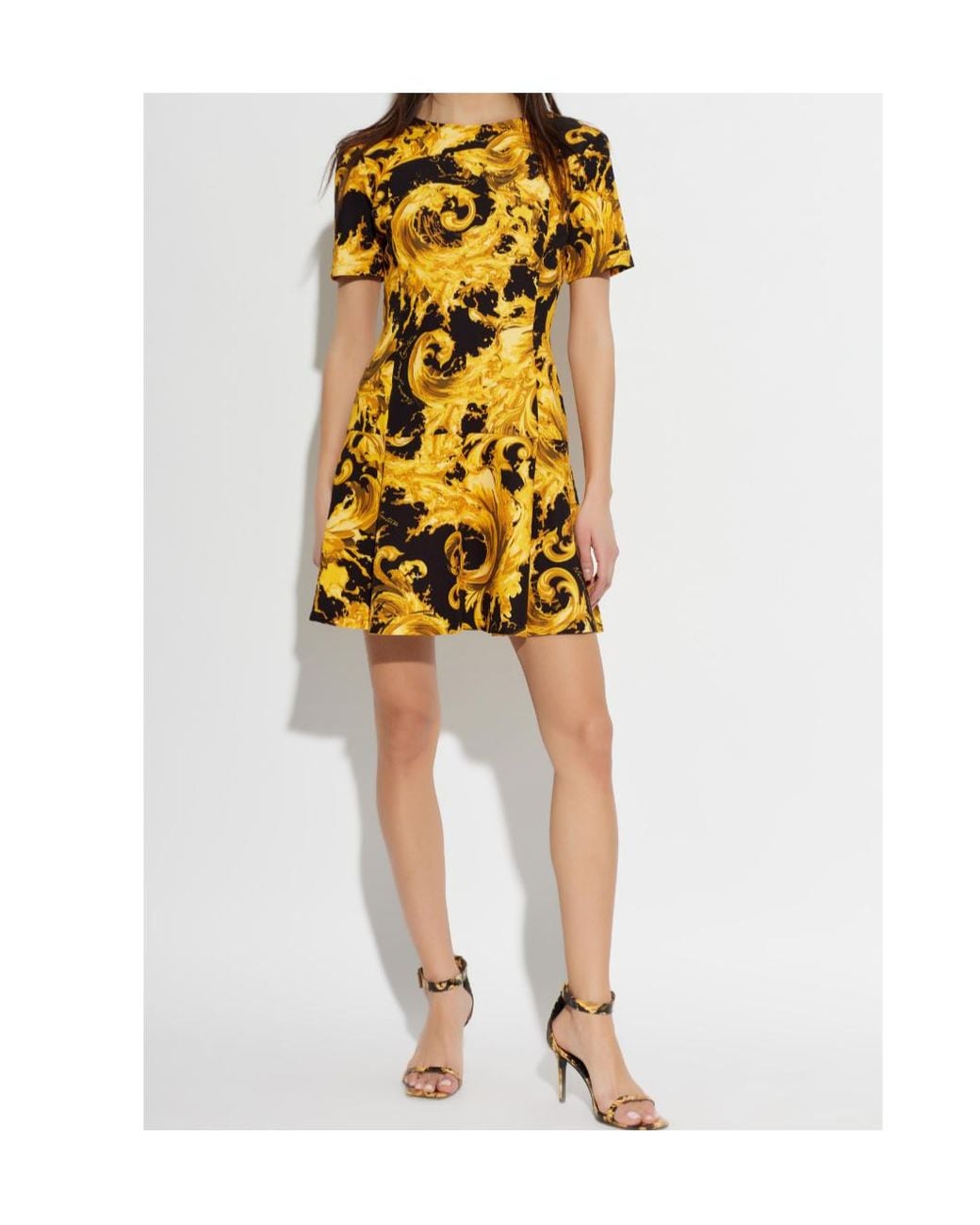 Versace Jeans Yellow Couture Baroque Printed Crewneck Mini Dress