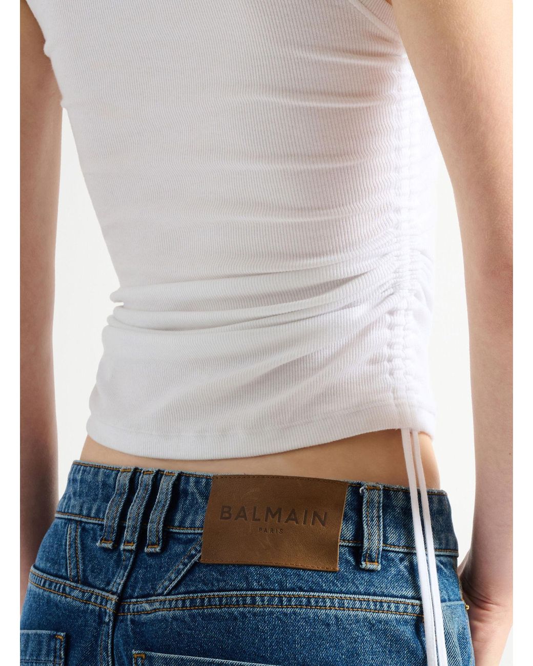 Balmain White Stretch-Cotton Drawstring Tank Top