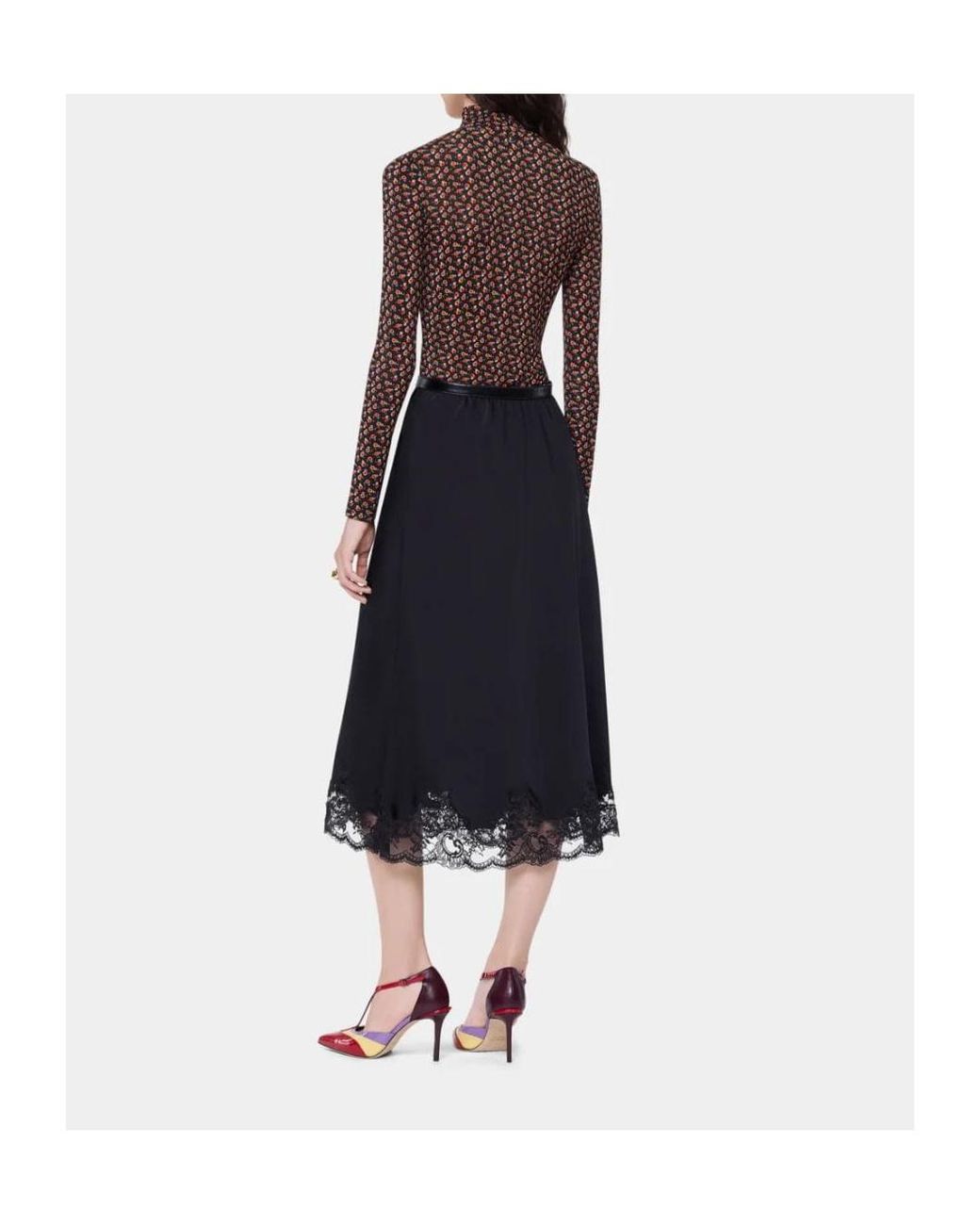 Rabanne Black Lace-Trim Satin Midi Skirt