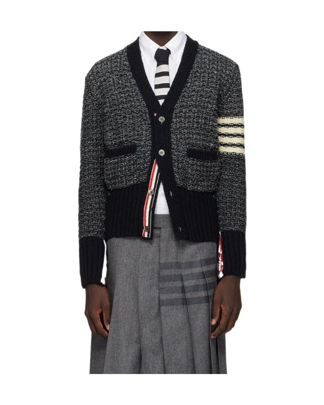 Thom Browne Black Bar Mélange-Effect Button-Up Cardigan for men