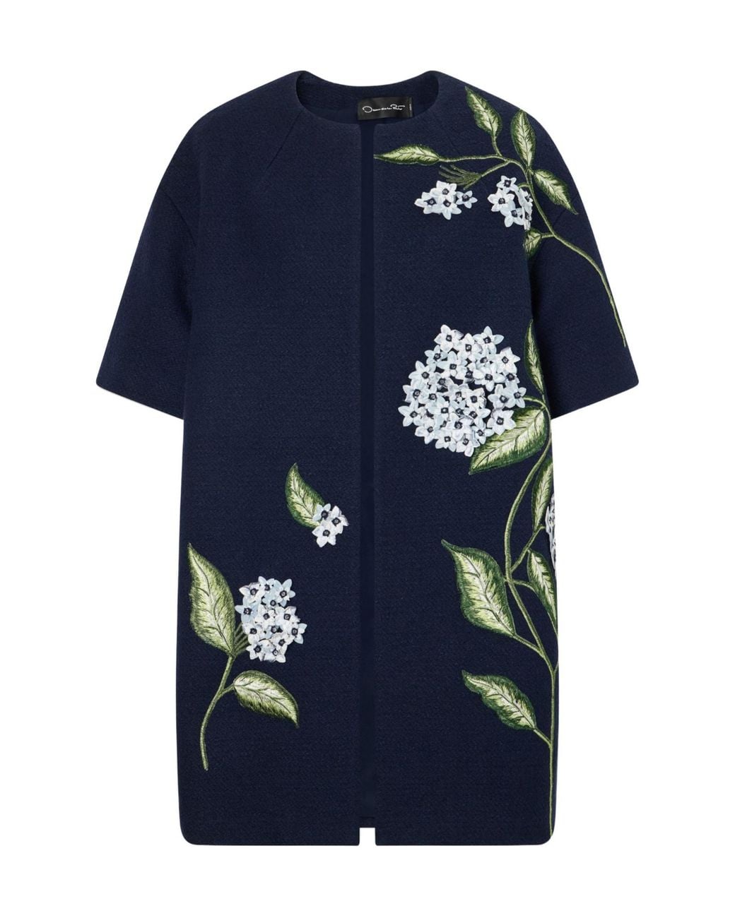 Oscar de la Renta Blue Embellished Embroidered Cotton-Blend Tweed Coat