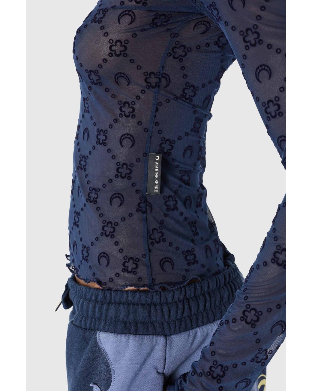 MARINE SERRE Blue Moonogram Mesh Flock Long Sleeves Roundneck Top