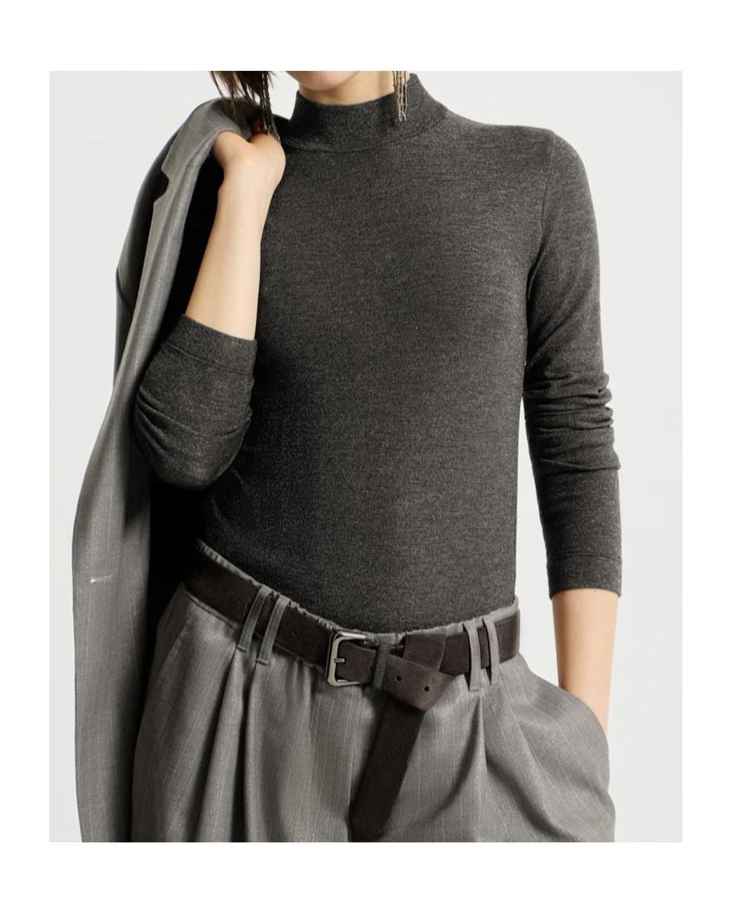 Brunello Cucinelli Black Sparkling Virgin Wool Mock Neck Long Sleeve T-Shirt With Monili