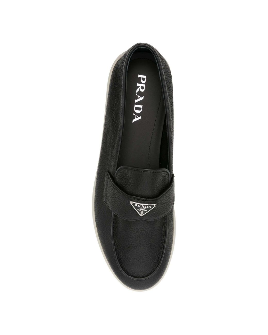 Prada Black Logo Plaque Almond Toe Loafers for men