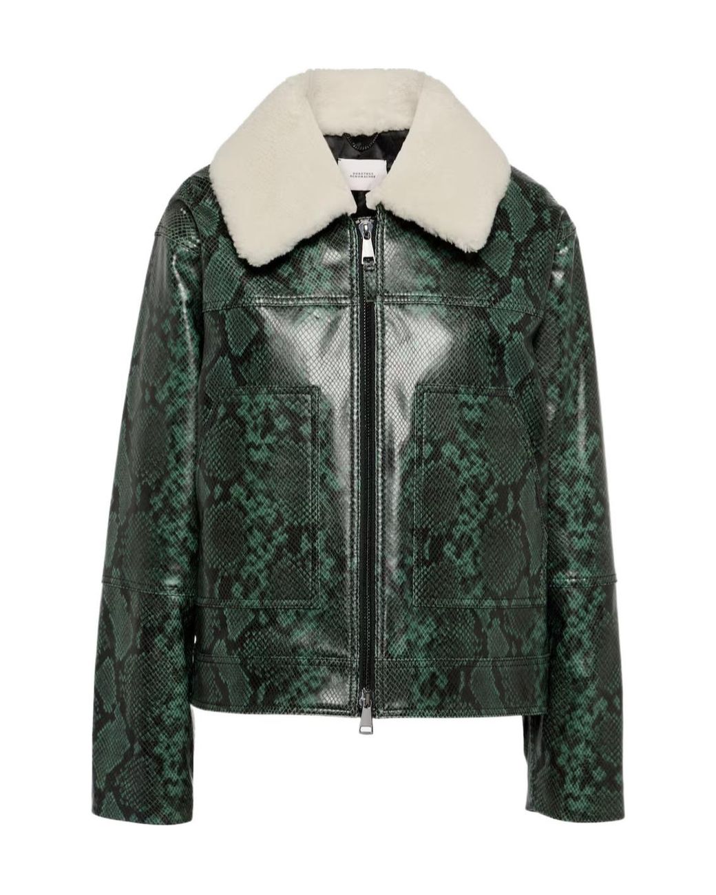 Dorothee Schumacher Green Lapel Long-Sleeved Leather Jacket