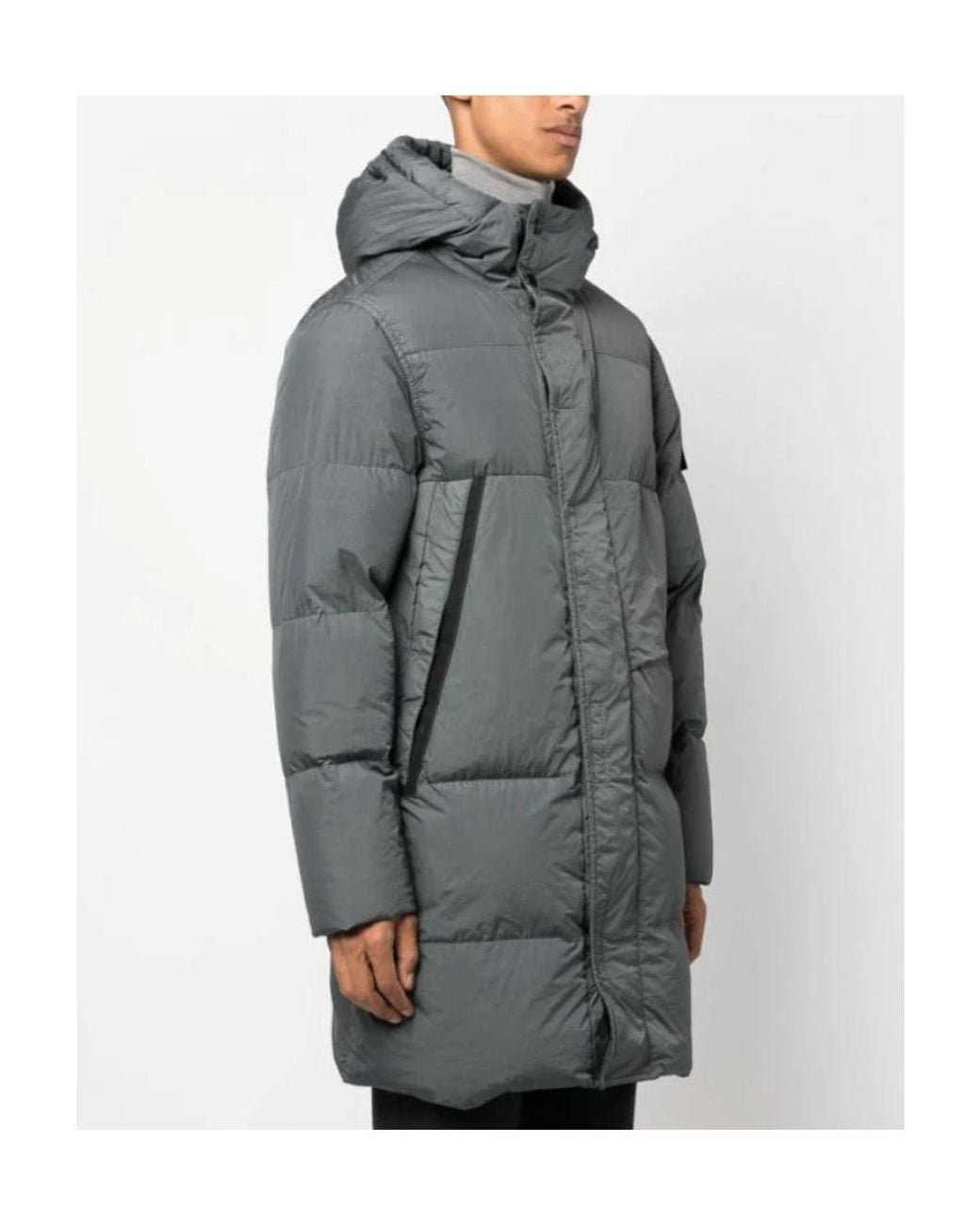 Stone Island Gray Compass-Motif Duck-Down Hooded Coat for men