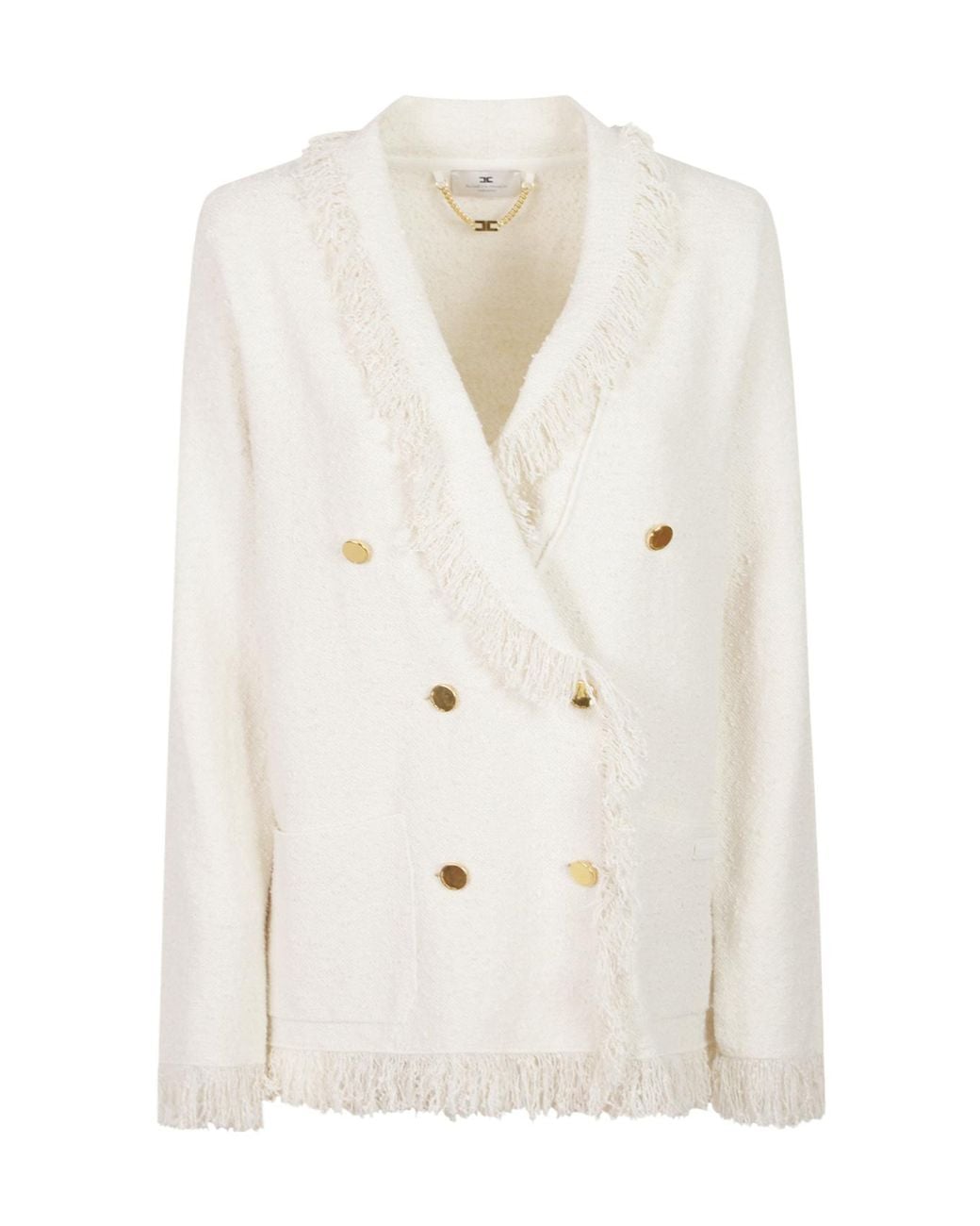 Elisabetta Franchi White Double-Breasted Fringed Cardigan