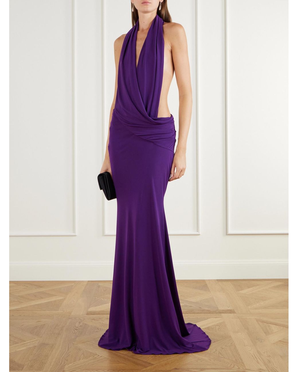 Alex Perry Purple Halterneck Draped Jersey Gown