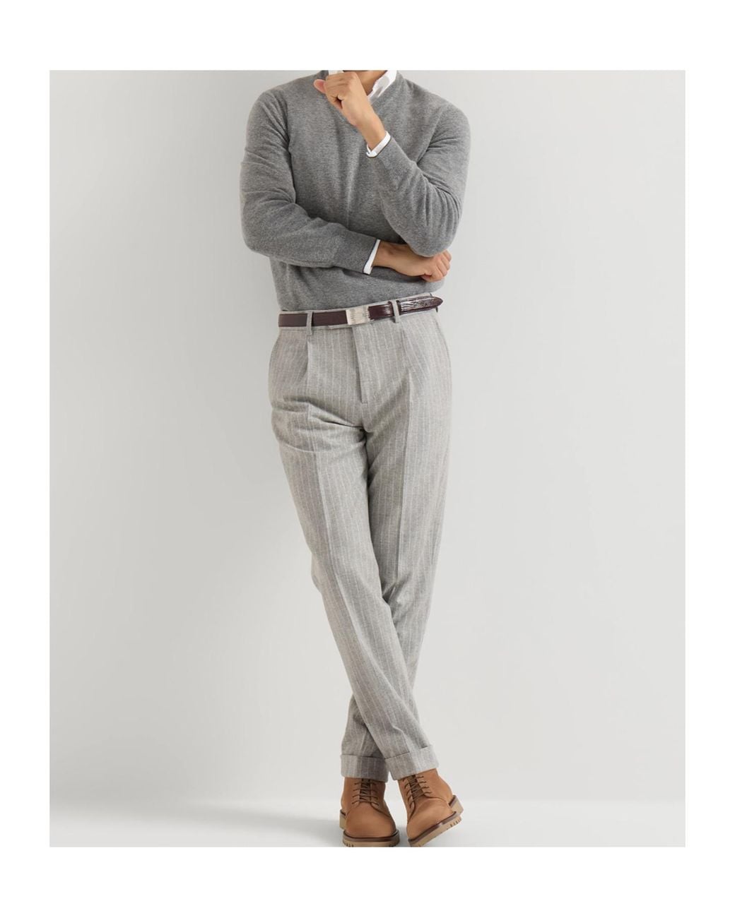 Brunello Cucinelli Gray Virgin Wool And Cashmere Chalk Stripe Flannel Trousers With Pleat for men