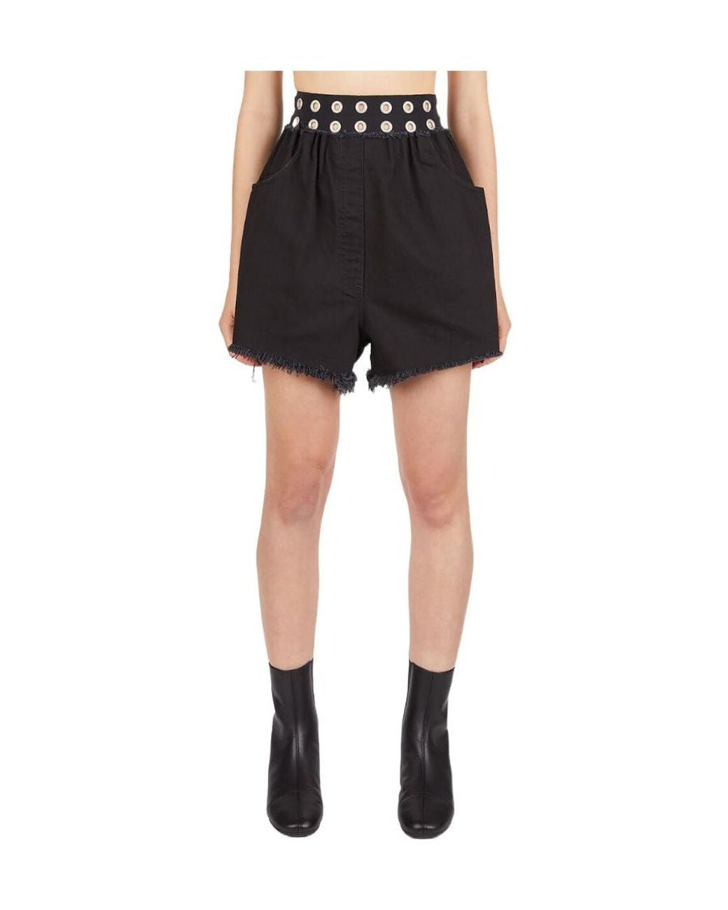 Raf Simons Black Eyelet Embellished Waist Frayed-Edege Shorts