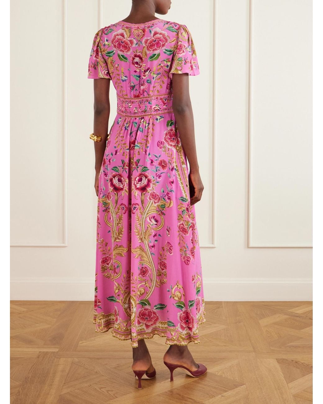 Camilla Pink Embroidered Printed Silk Maxi Dress