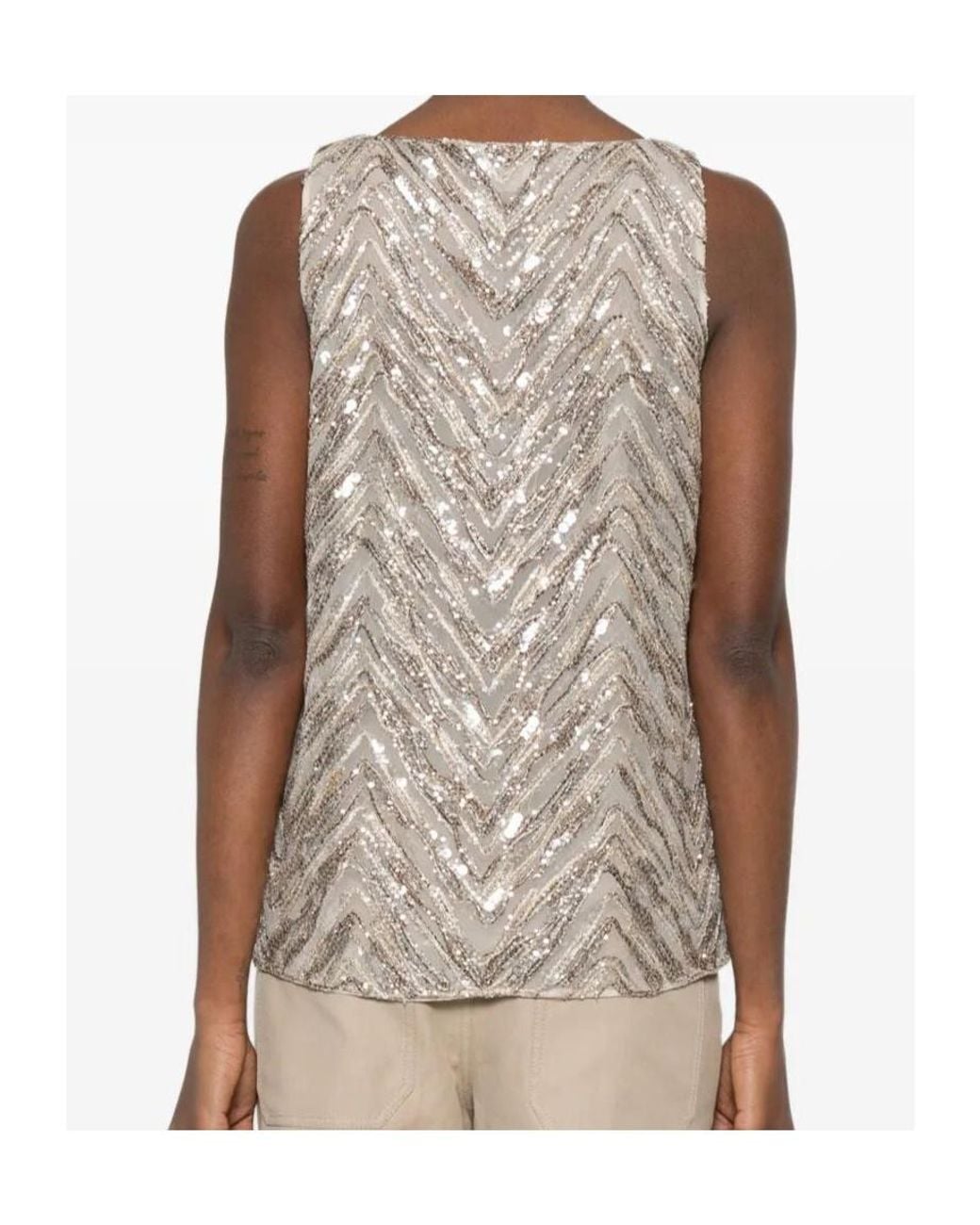 Brunello Cucinelli Natural Sequin-Embellished Chevron Top