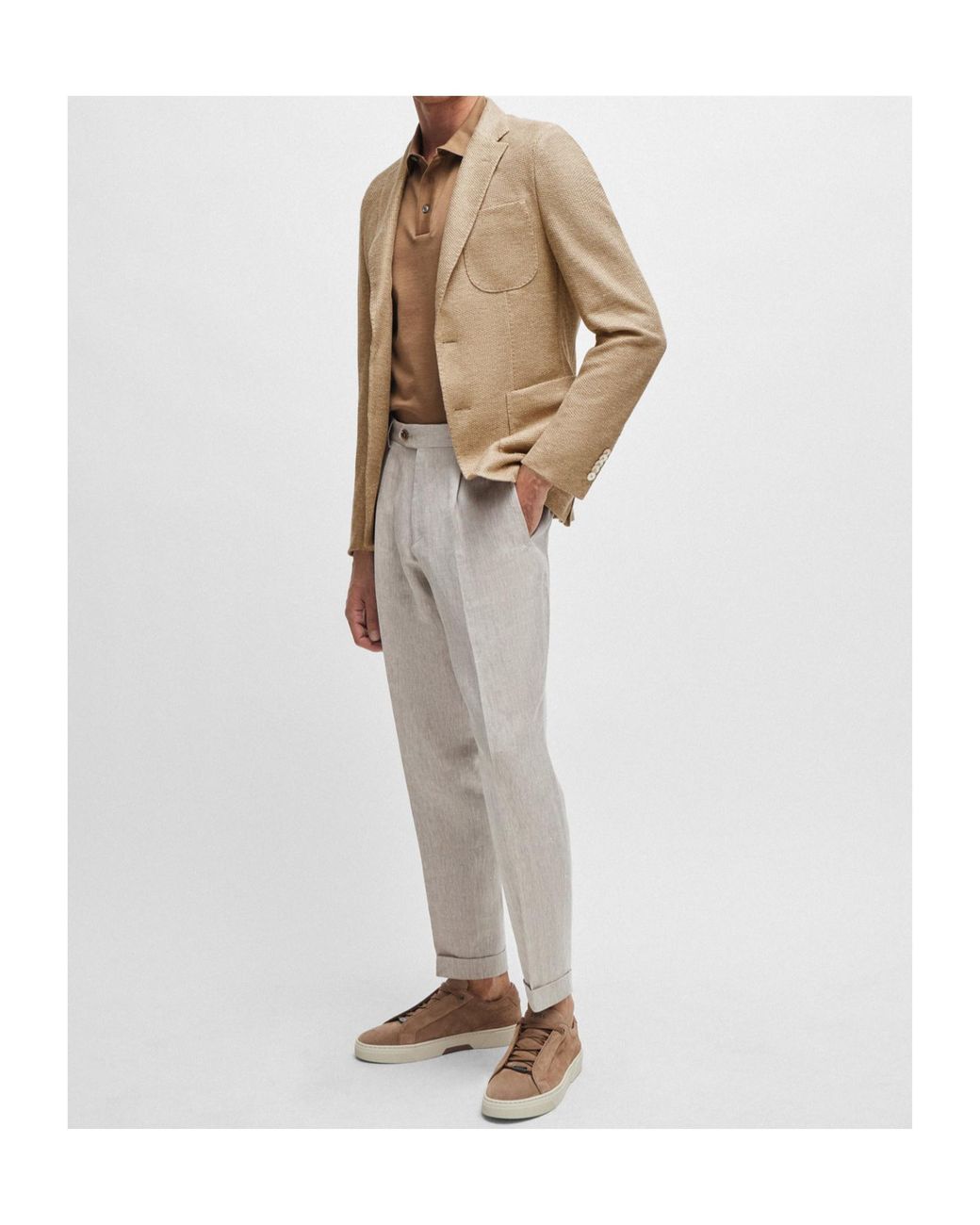 Boss Brown Single-Breasted Linen-Blend Blazer for men