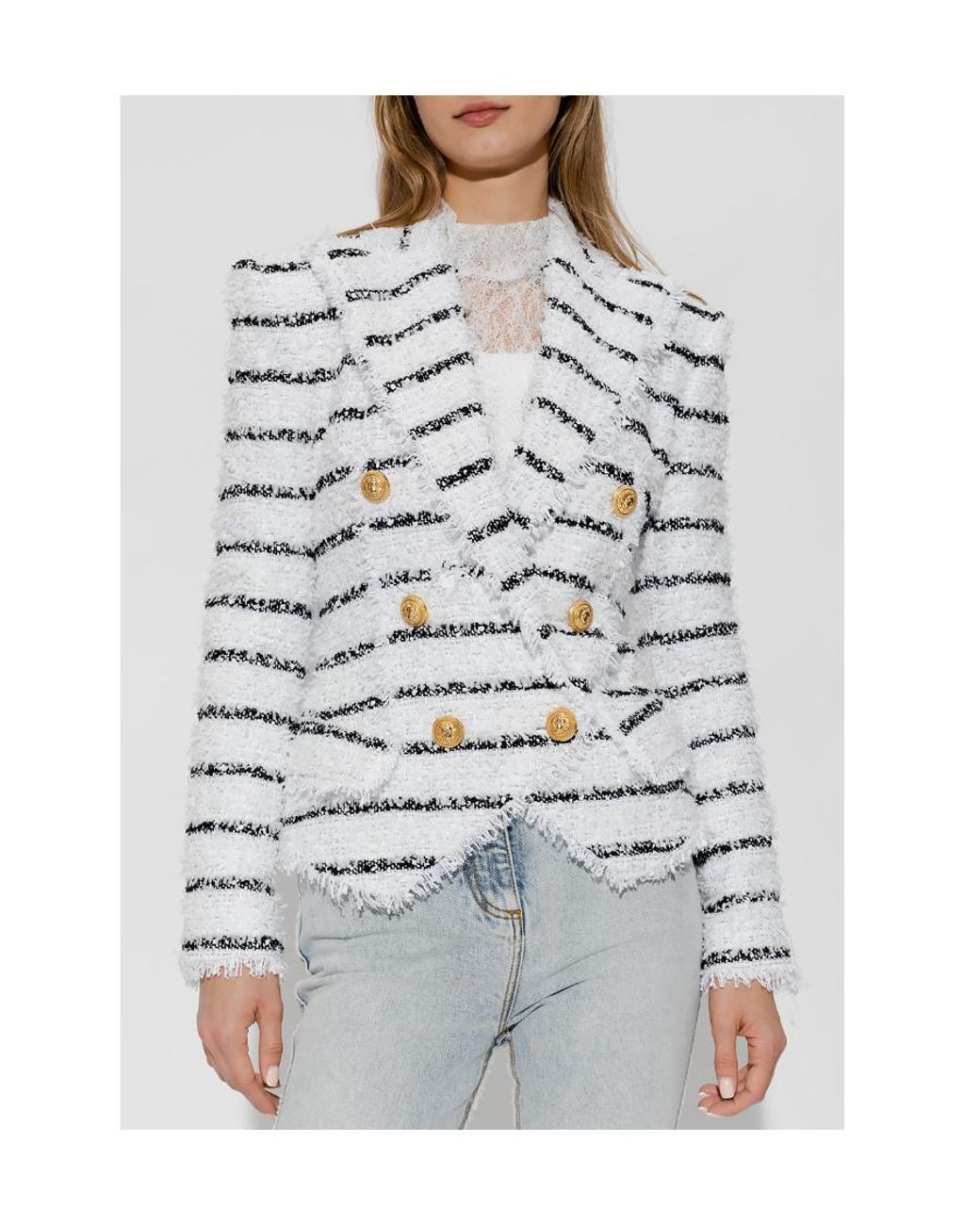 Balmain Gray Double Breasted Striped Tweed Jacket