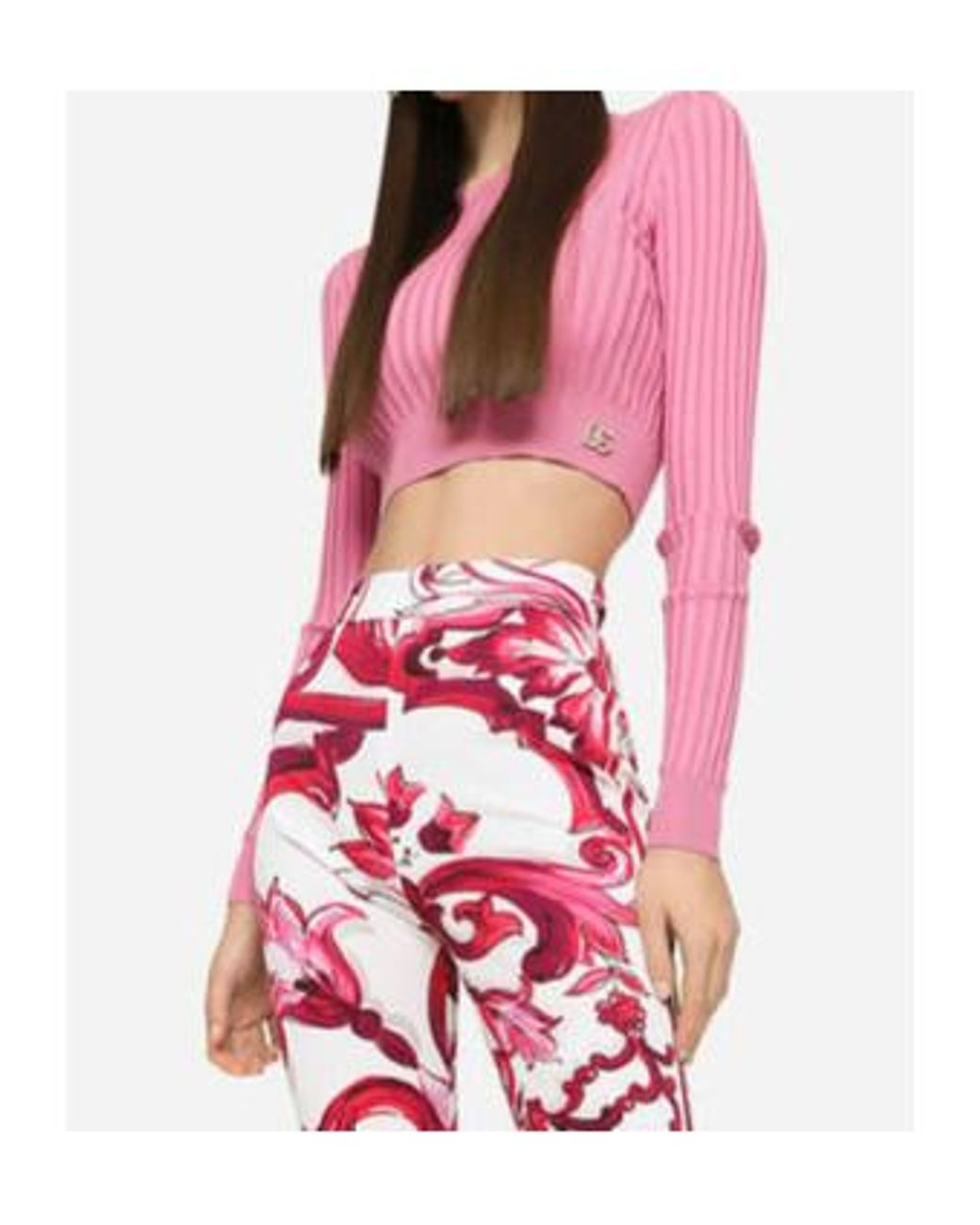 Dolce & Gabbana Pink Logo Plaque Cropped Ribbed Sweater