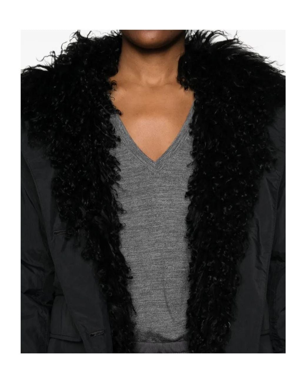 Yves Salomon Black Down Jacket With Faux-Fur Trim And A Hood