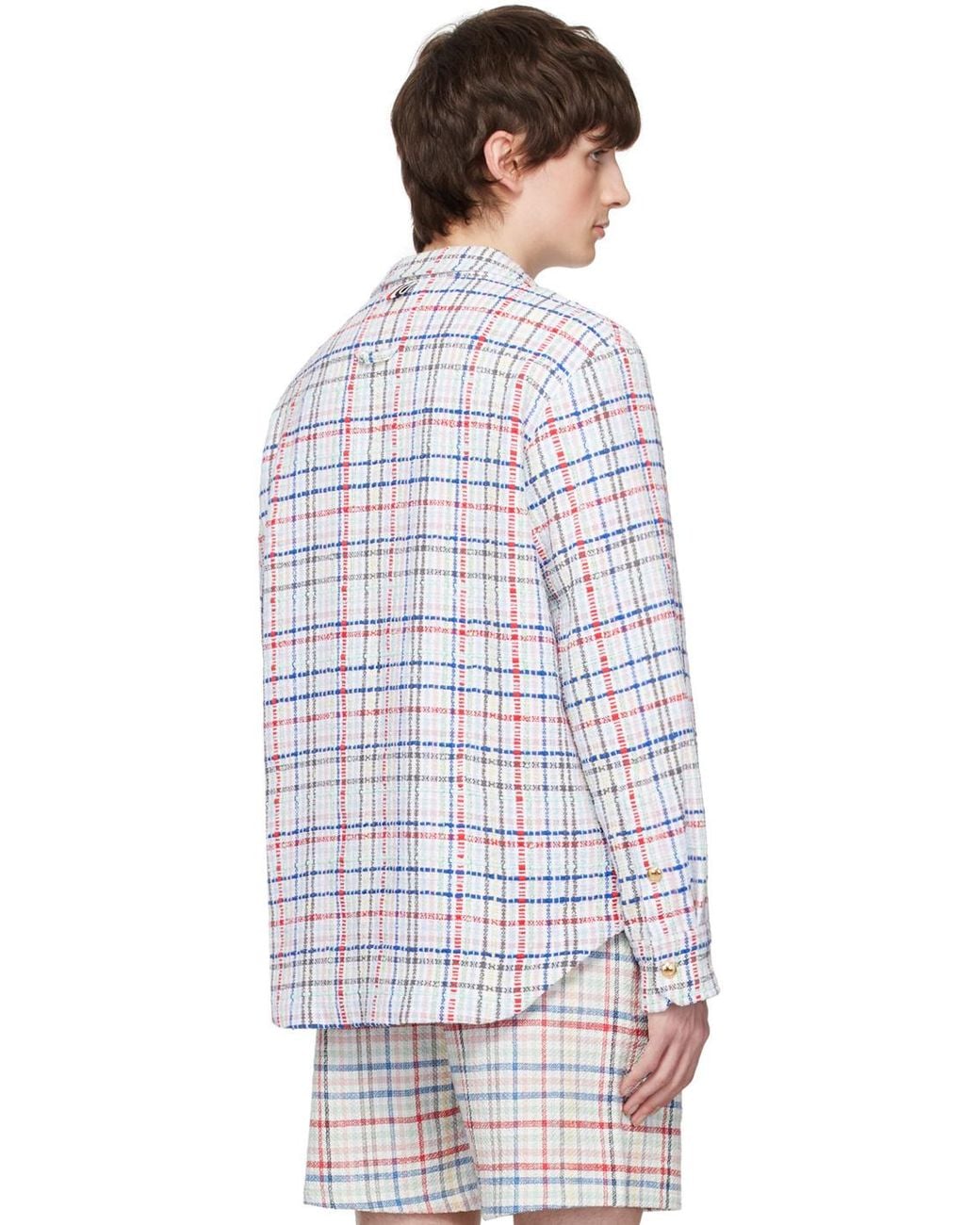 Thom Browne White Gingham Check Buttoned Overshirt for men