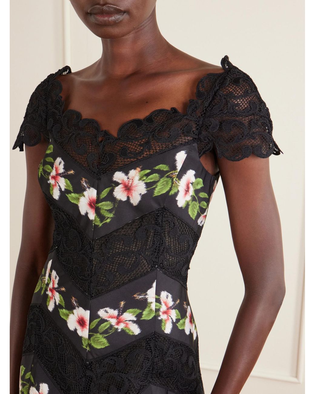 Oscar de la Renta Black Floral-Print Faille And Lace Midi Dress
