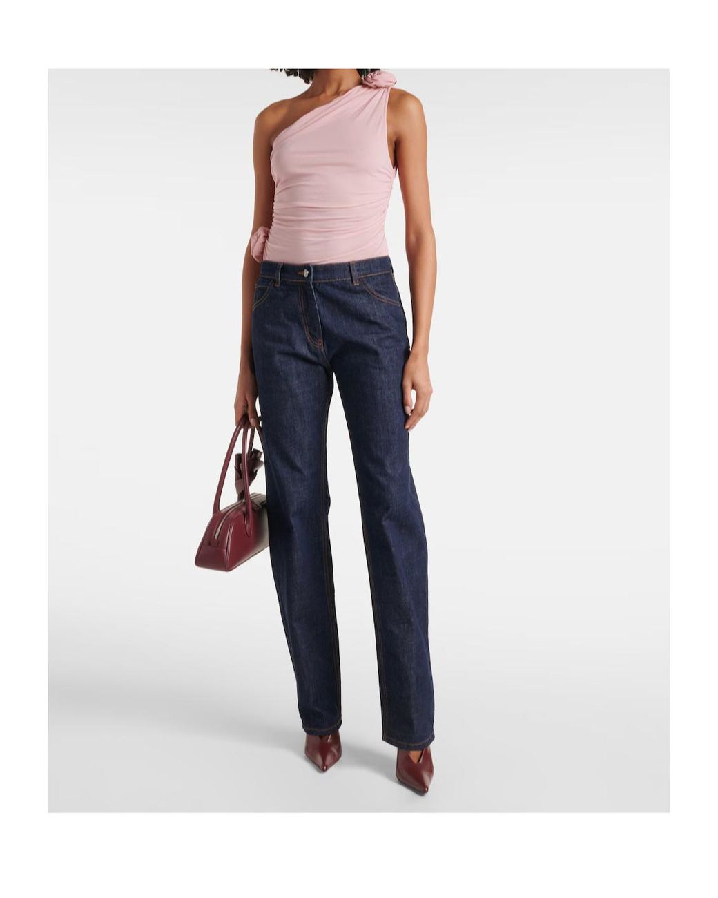 Magda Butrym Pink Floral-Applique One-Shoulder Silk-Blend Top