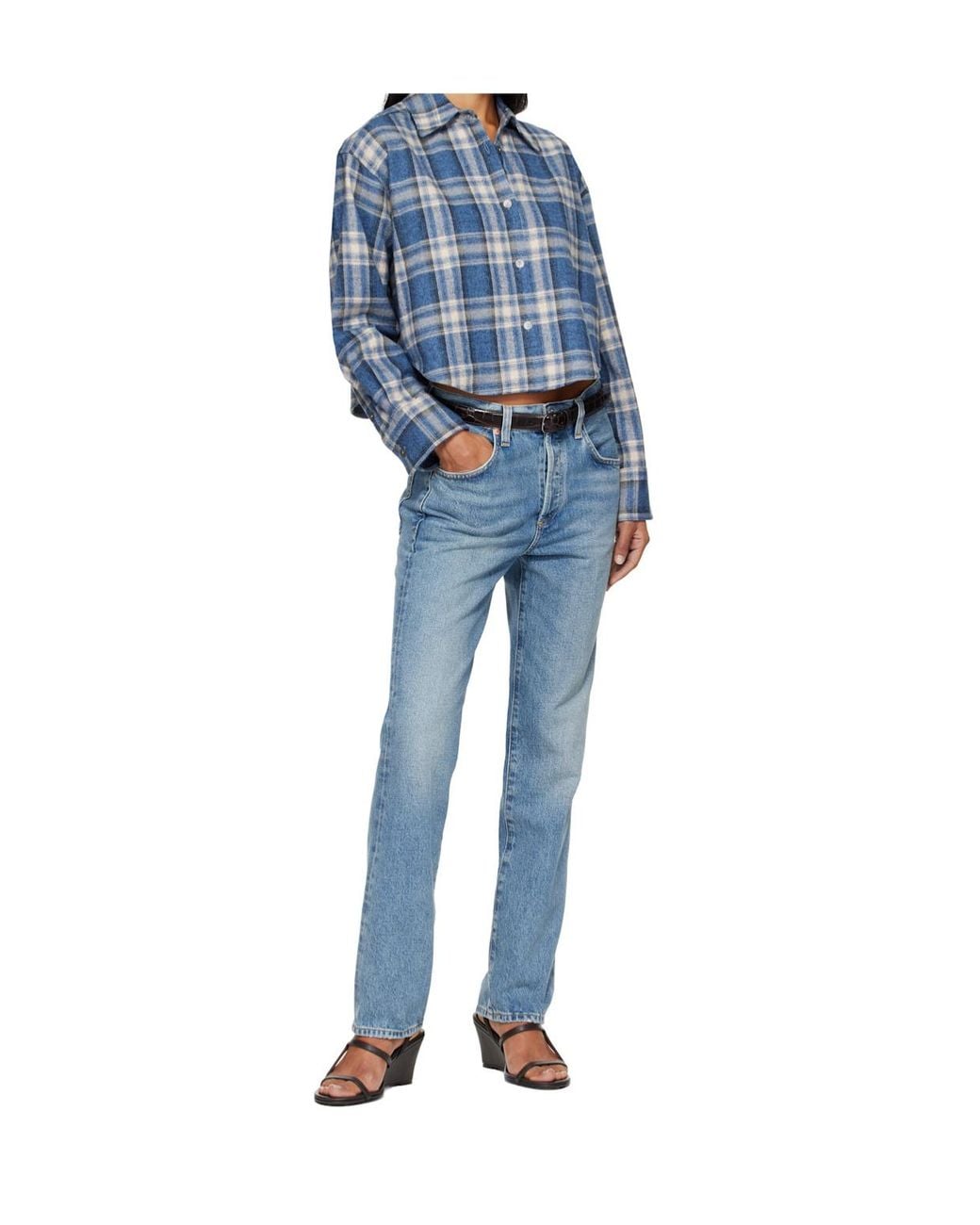 Citizens of Humanity Blue Cropped Plaid Shirt