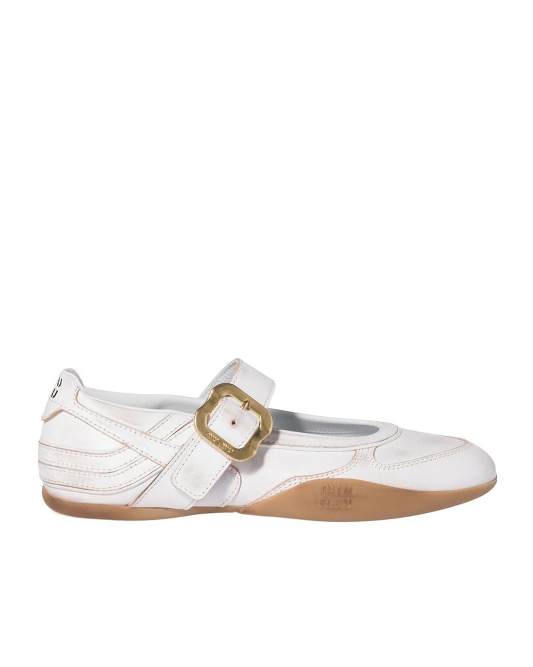 Miu Miu White Gymnasium Leather Ballerinas With Strap And Buckle