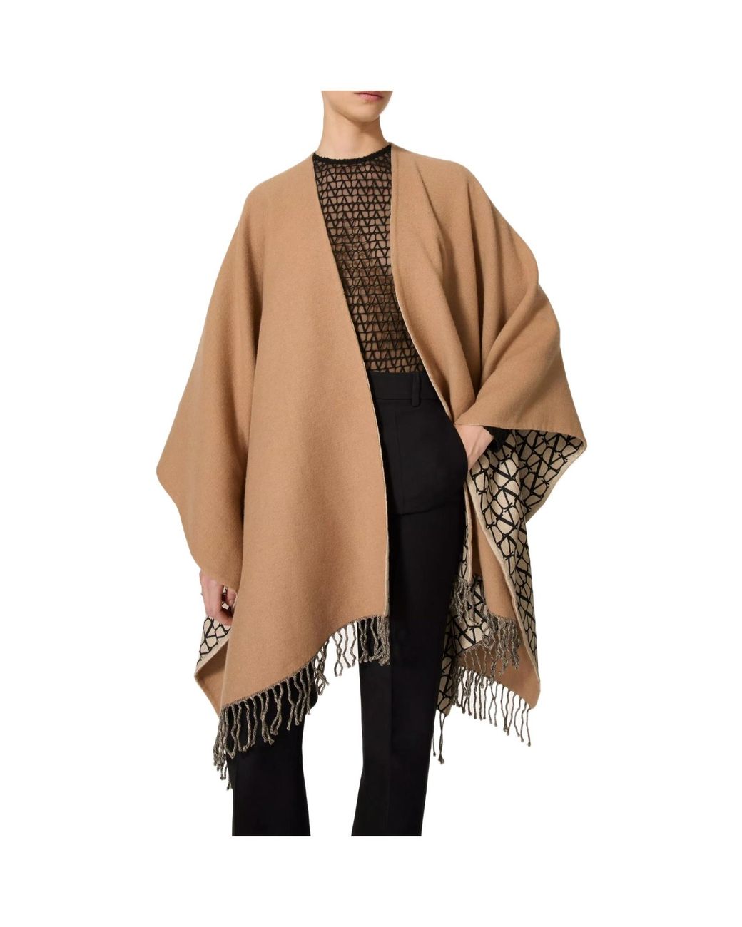 Valentino Natural V-Neck Fringed Edge Cape