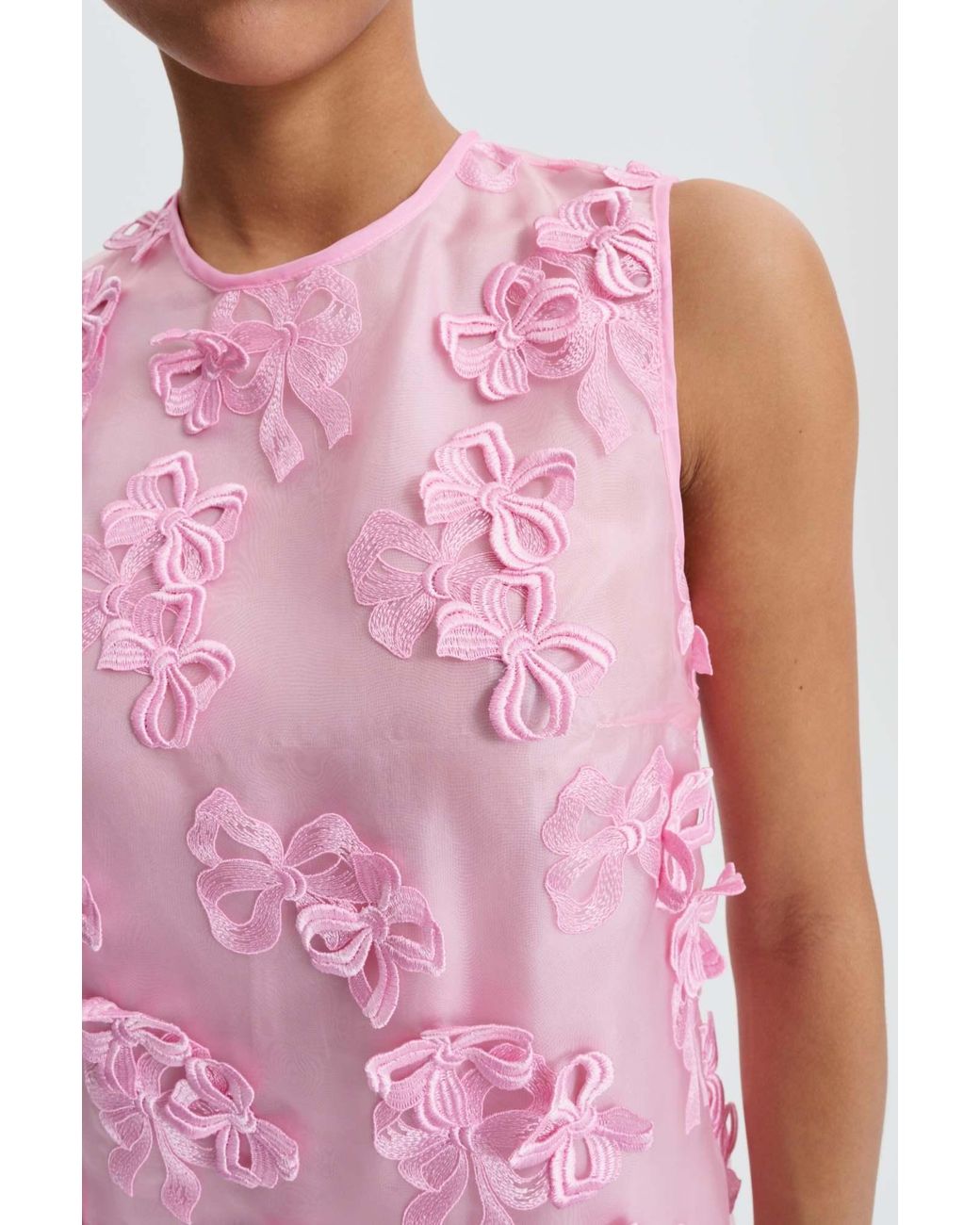 CECILIE BAHNSEN Pink Sheer Floral Sleeveless Dress