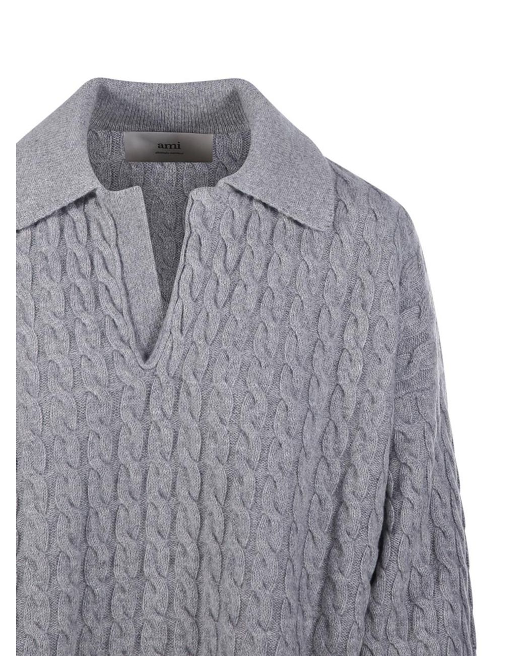 AMI Gray Cable Knitted Polo for men