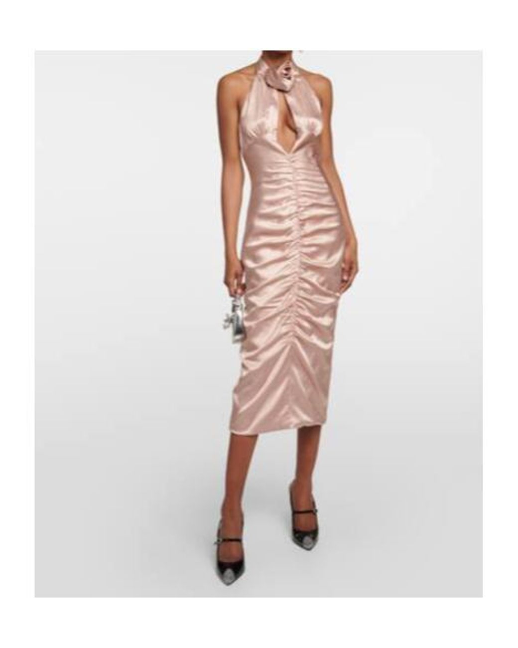 Alessandra Rich Pink Ruched Cutout Satin Midi Dress